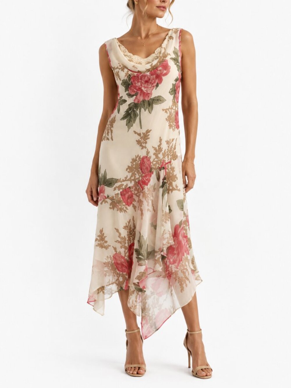 Connected Apparel Floral Handkerchief Hem Cowl Neck Dress Lace Trim XL